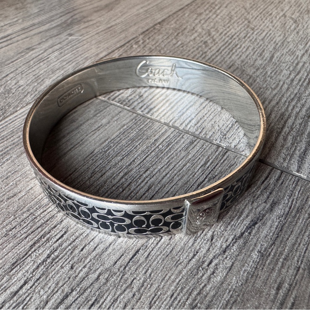 Coach Signature C Logo Silver-Tone Bangle Bracelet - Black Enamel